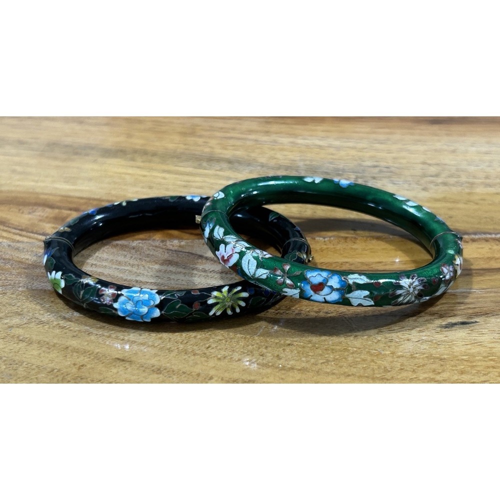 Vintage Cloisonne Bangle Bracelet Lot Of 2 Hinged Green Black Enamel